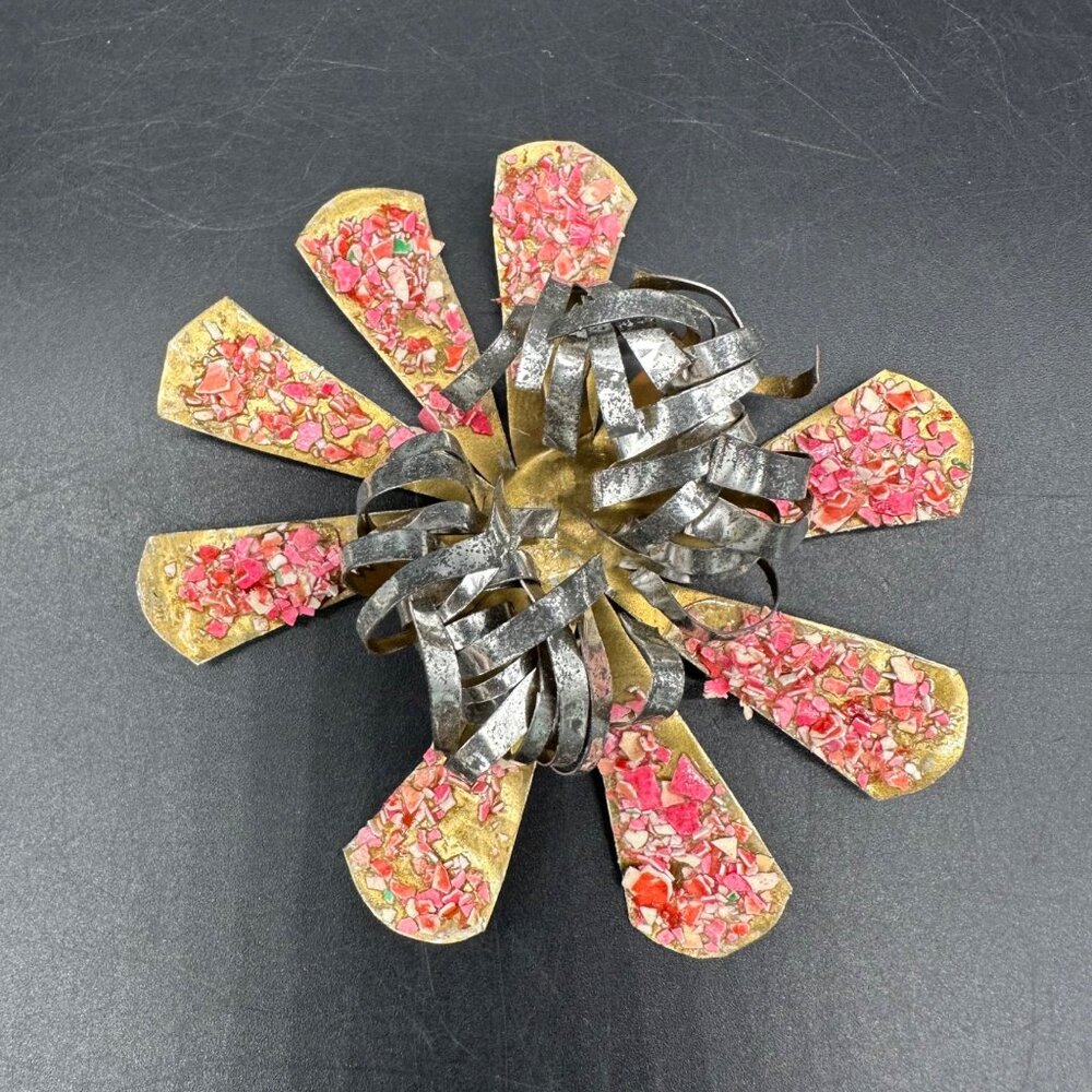 Vintage Flower Christmas Ornaments Handmade Tin Metal Pink Gold Floral Retro - Picture 6 of 7